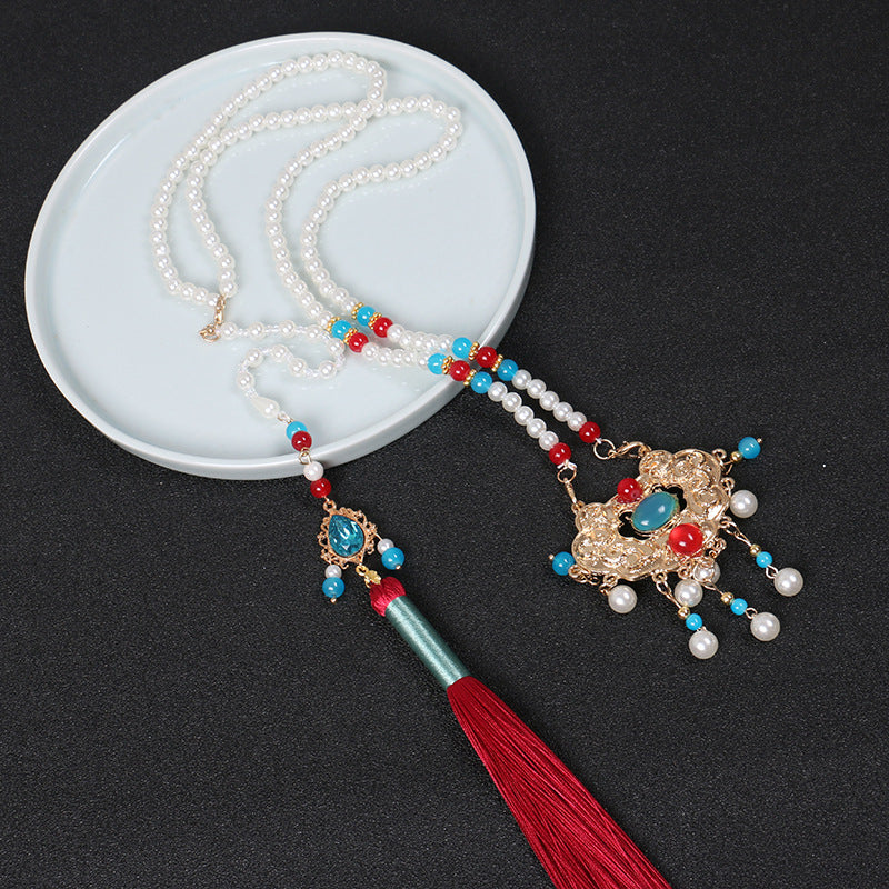 Pearl red agate Turquoise tassel long life lock pendant necklace