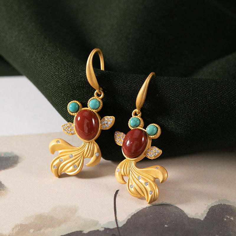 Turquoise Eyes SouthRedAgate Goldfish Earrings And Ring