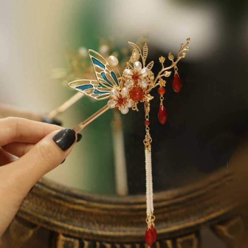 Pearl Flower Branch Butterfly Fringe Hairpin