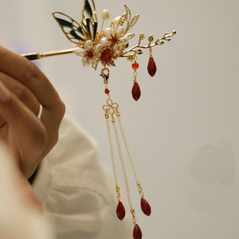 Pearl Flower Branch Butterfly Fringe Hairpin