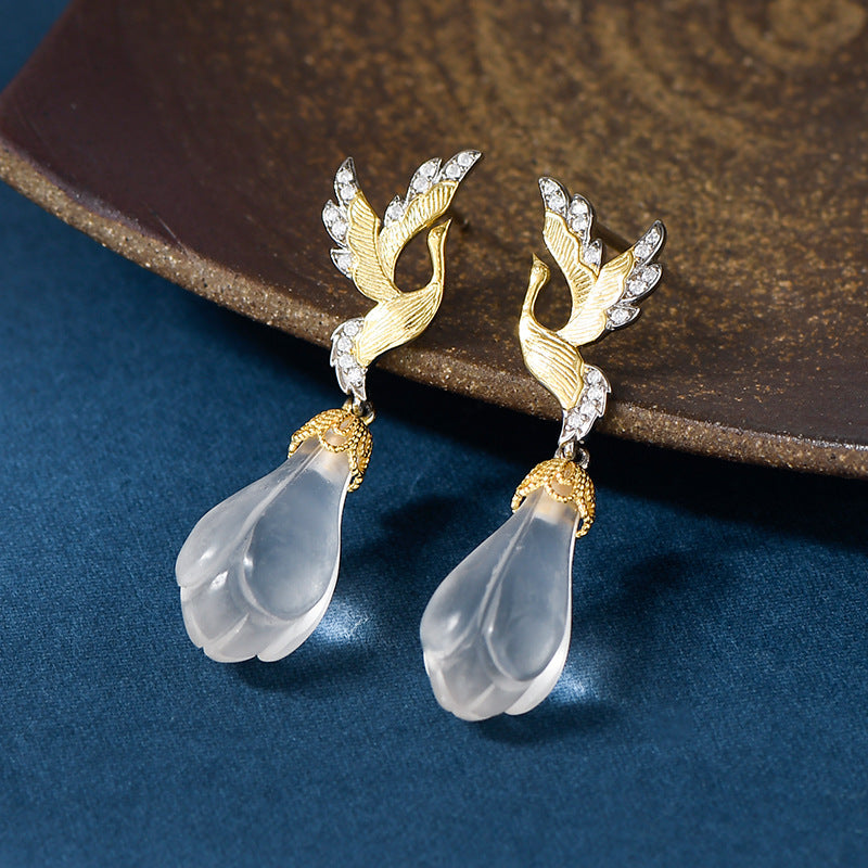 Chinese Phoenix Magnolia Crystal Long Earrings