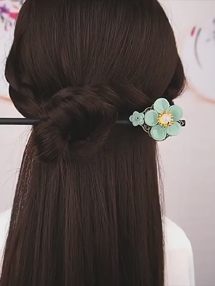 2 Flower White Pearl Hairpin Wood Chinese showcase