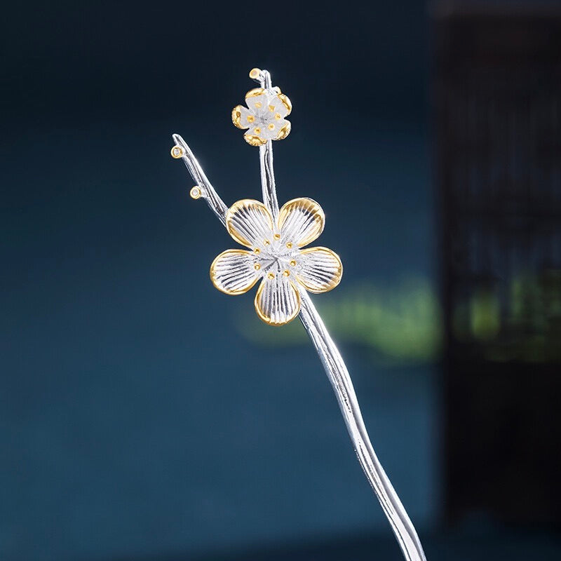 Plum Blossom Zircon Hairpin Sterling Silver
